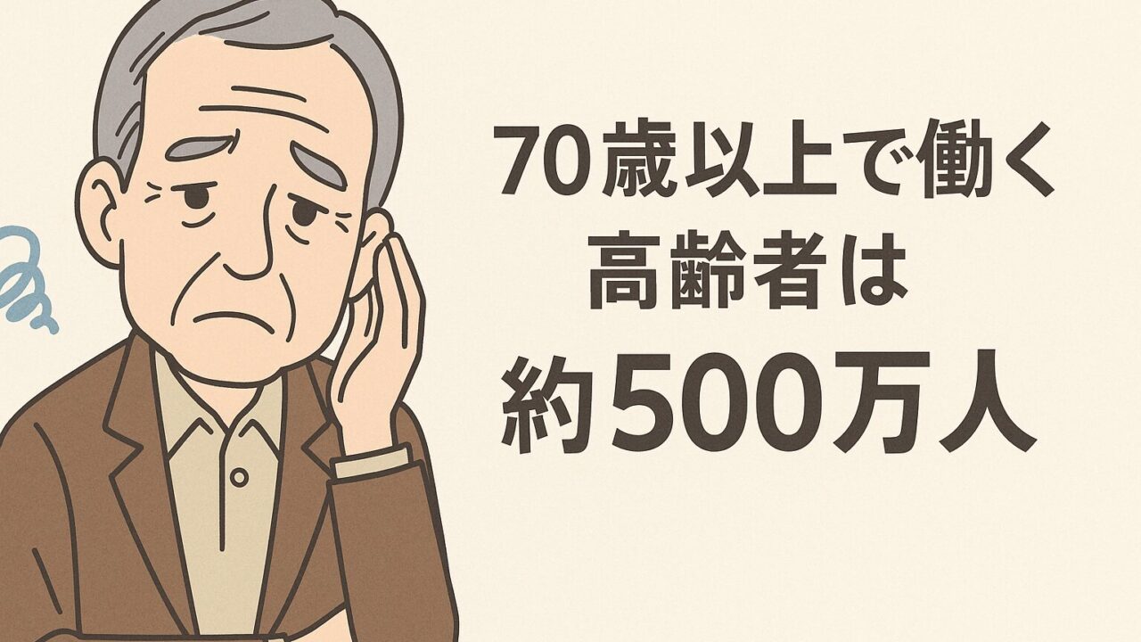 老後資金に不安を抱える70歳以上の高齢男性のイラスト「70歳以上で働く高齢者は約500万人」という文字入り