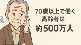 老後資金に不安を抱える70歳以上の高齢男性のイラスト「70歳以上で働く高齢者は約500万人」という文字入り
