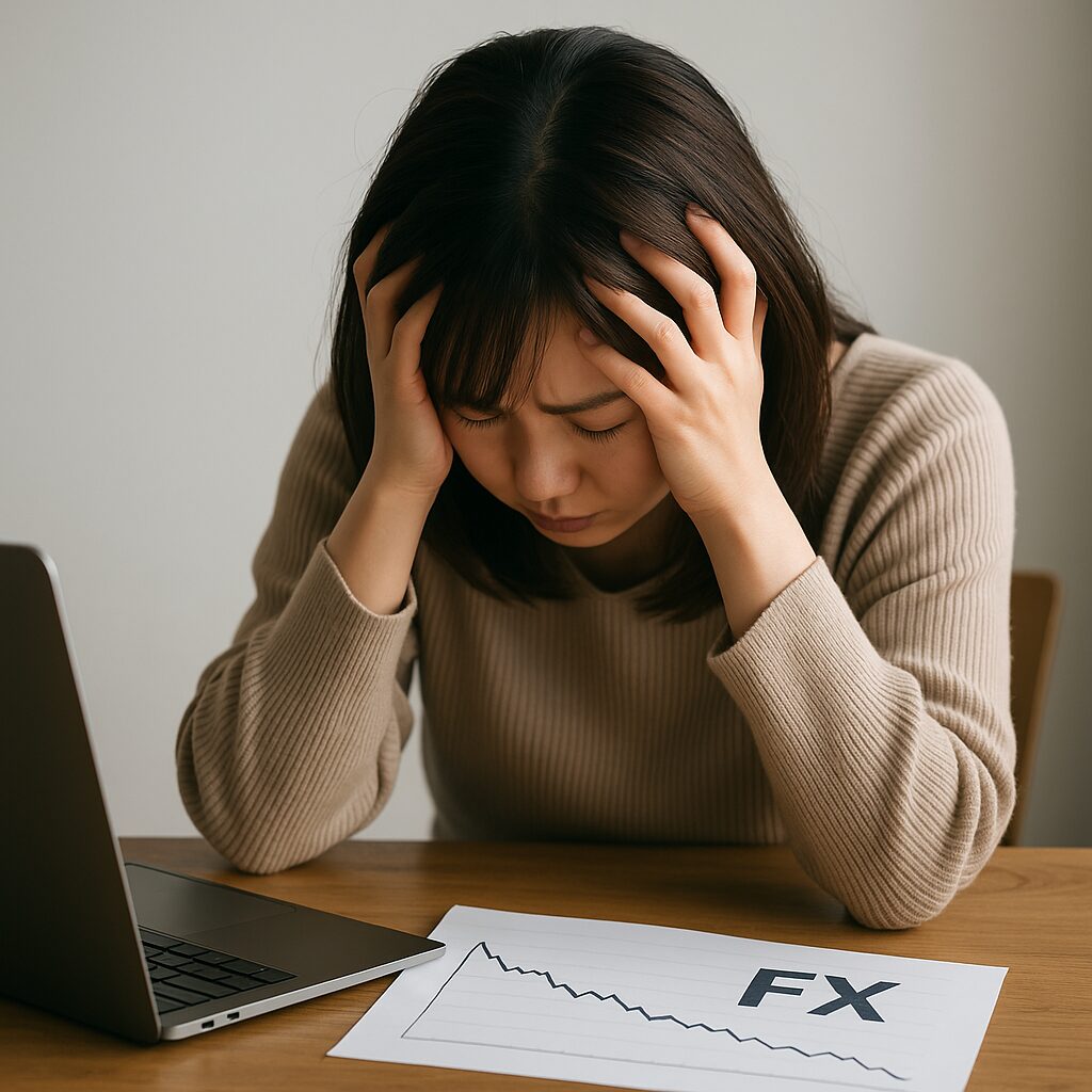 FX取引で損失を出し頭を抱える若いアジア人女性