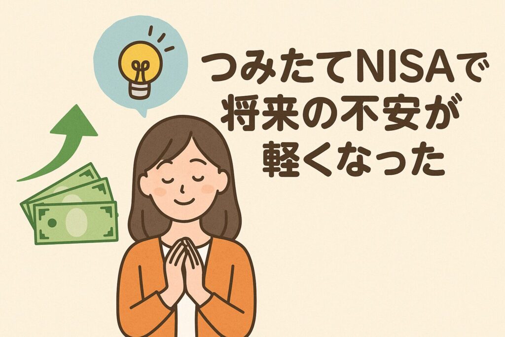 つみたてNISAで将来の不安が軽くなった女性の安心した表情のイラスト
