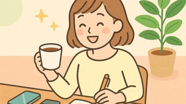 ゆる節約を楽しむ30代女性がカフェで家計簿をつけている様子
